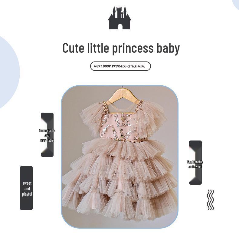 Vestito beige con paillettes a strati e spalline per il primo compleanno di bambina, con gonna in tulle voluminosa e fiocco (2025)