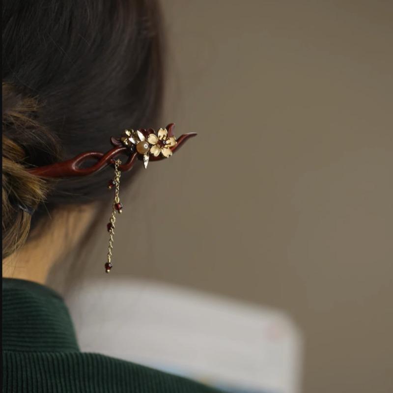 GEMCHIC Women's Vintage Chinese Style Red Sandalwood Hairpin with Cloisonné Flower and Tassel, Elegant Hanfu & Cheongsam Bun Accessory