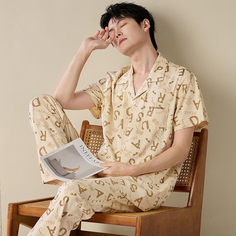 Pajamas Men's Summer Cotton Short Sleeve Pants Set Thin Men's Large Size High-end Fashion Alphabet Homewear