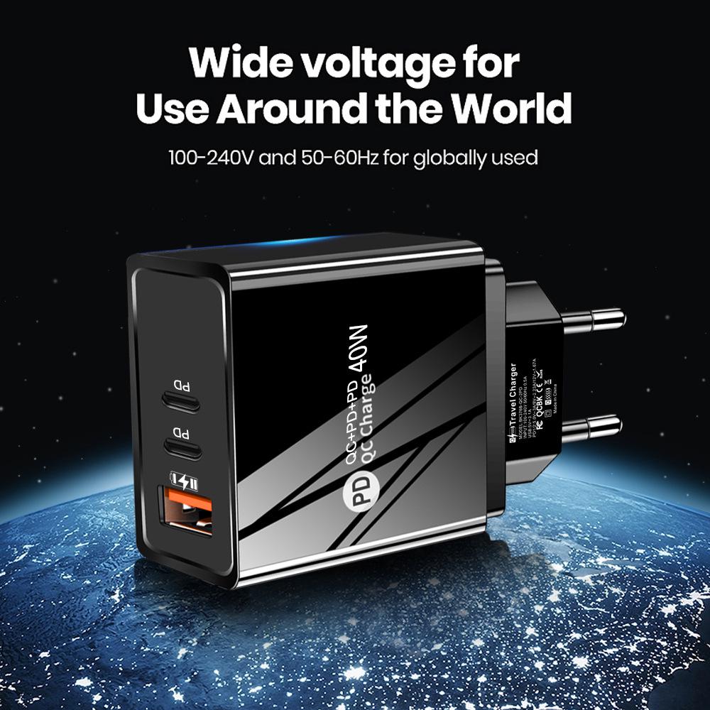 Dual USB & 2PD Type-C Mobile Charger with LED, EU/US Specs, 2.4A Travel Light Charging Head