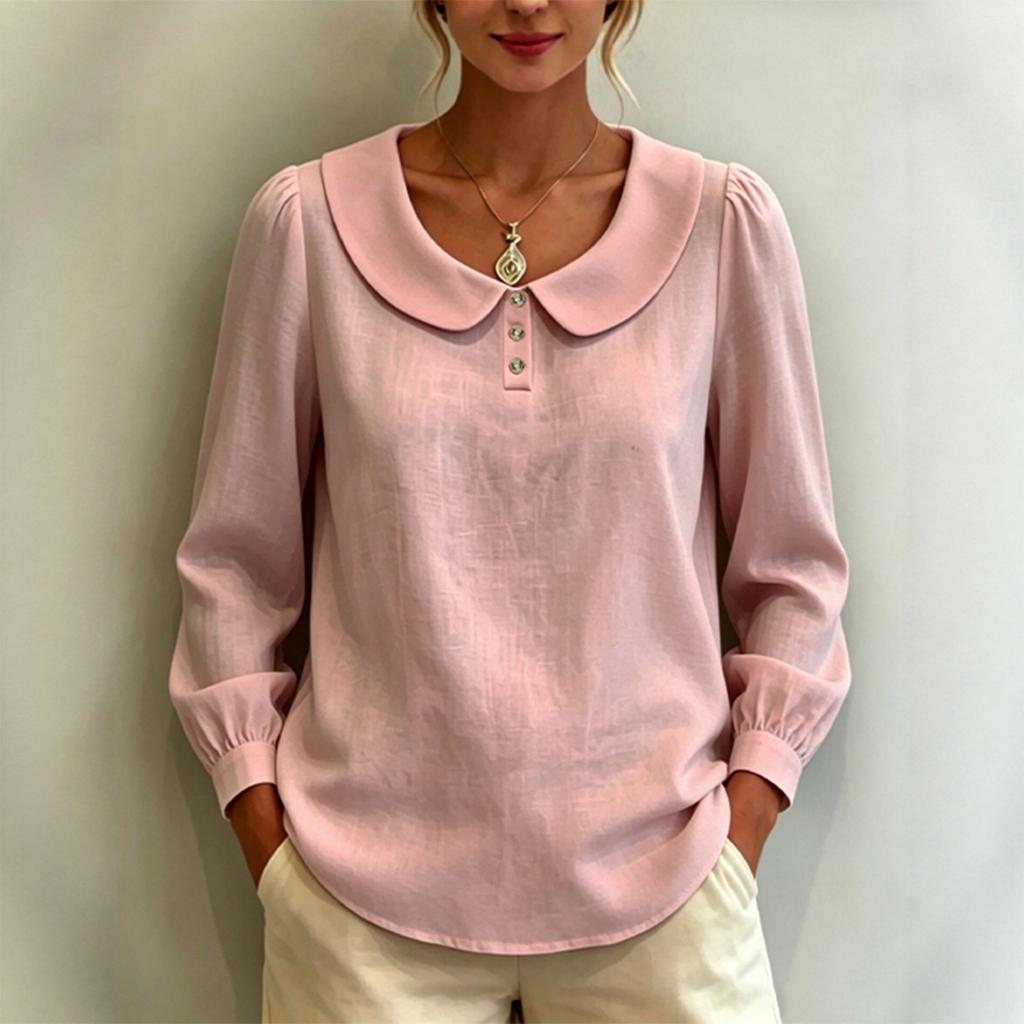 Women Long Sleeve Blouse Loose Fit Peter Pan Collar Shirt Breathable Puff Sleeve Top Casual Workwear