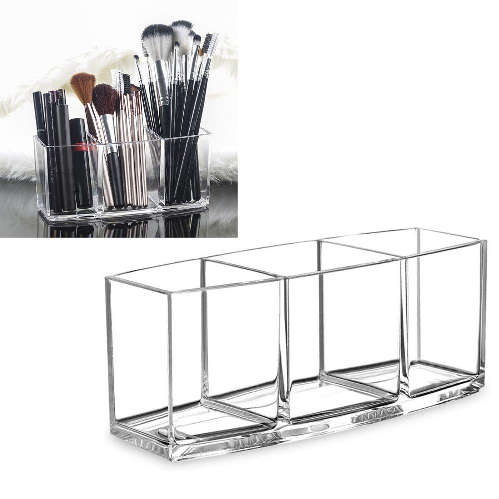 3 Grid Design Clear Makeup Brush Holder PS Acrylic Cosmetic Tools Organizer Vanity
