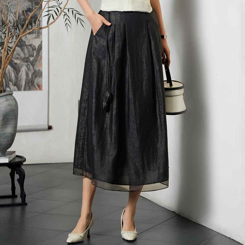 

Шелковая юбка из шелка «ароматное облако», новая эластичная талия, атласная юбка из шелка-тутового шелкопряда с узором «черепаха» L чёрный