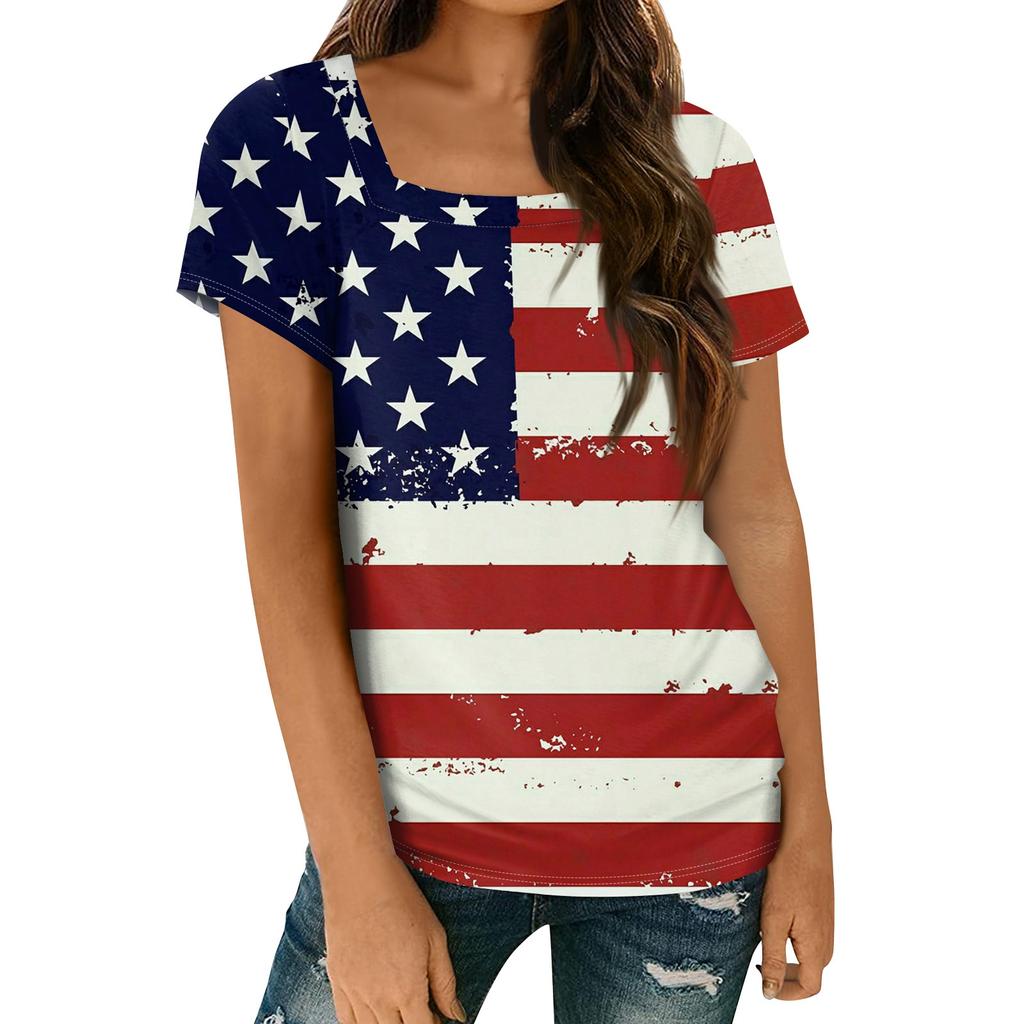 Women's Tops Spring Summer Casual T Shirt Short Sleeve Square Neck Basic Printed T Shirt