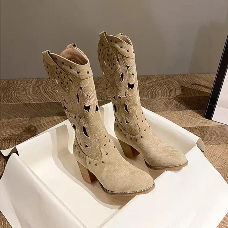 Fashion Hollow Embroidered Retro Western Boots Women Pu Leather Knight Booties New 2025 Autumn Chunky Heels Knee High Woman Cowboy Boots