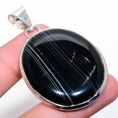 Natürlicher gebänderter Achat Edelstein Handgefertigt 925 Sterlingsilber Anhänger 2,21" t2u56