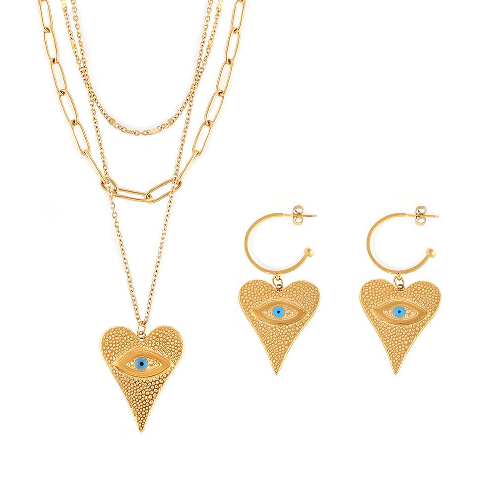 

Стильные серьги-подвески в форме сердца с изображением глаза дьявола, многослойное ожерелье из титановой стали с покрытием из настоящего золота 18 карат, модный костюм