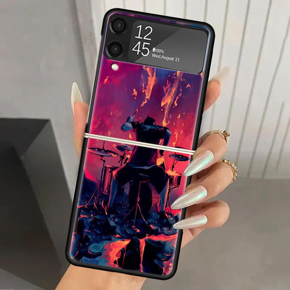 Musical Instrument Drum Rock Hard PC Phone Case For Samsung Galaxy Z Flip 7 6 5 4 3 Black ZFlip7 ZFlip6 Flip5 Flip4 Flip3 5G Pri