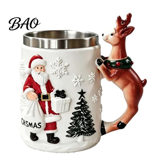 Christmas Coffee Mug Santa Claus with Reindeer Handle, 300ml 3D Resin Holiday Cup Embossed for Hot Cocoa, Winter Home Decor Unique Table Ornament