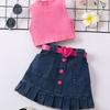 Girls' Fashion Set, Summer Children's Casual Solid-color Sleeveless Top, Denim Pleated Skirt Set, Belt