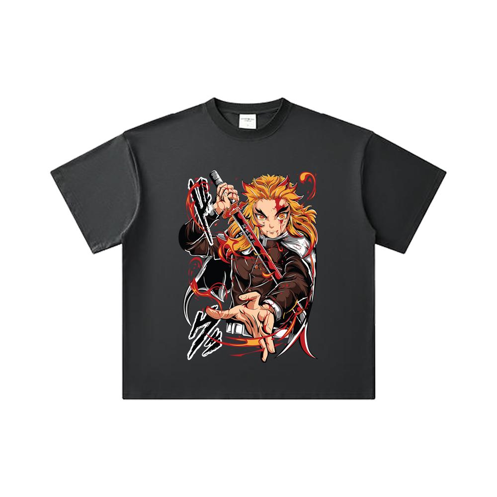 260 GSM Double Yarn 32 Count 100% Cotton Demon Slayer V85 Rengoku Print Unisex Heavy Cotton T Shirt