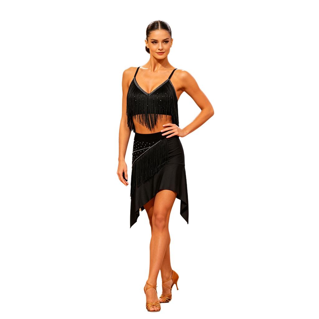 Women‘s Latin Dance Set V Neck Sleeveless Fringe Top Crisscross Back with Irregular Hem Color Block Skirt for Cha Cha Tango Stage Show
