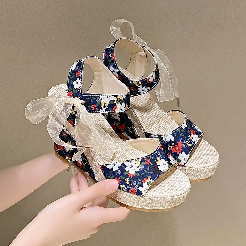 Bandage muffin sandals women's spring and summer high-heeled wedge heel sexy fish mouth platform high-heeled sandals women