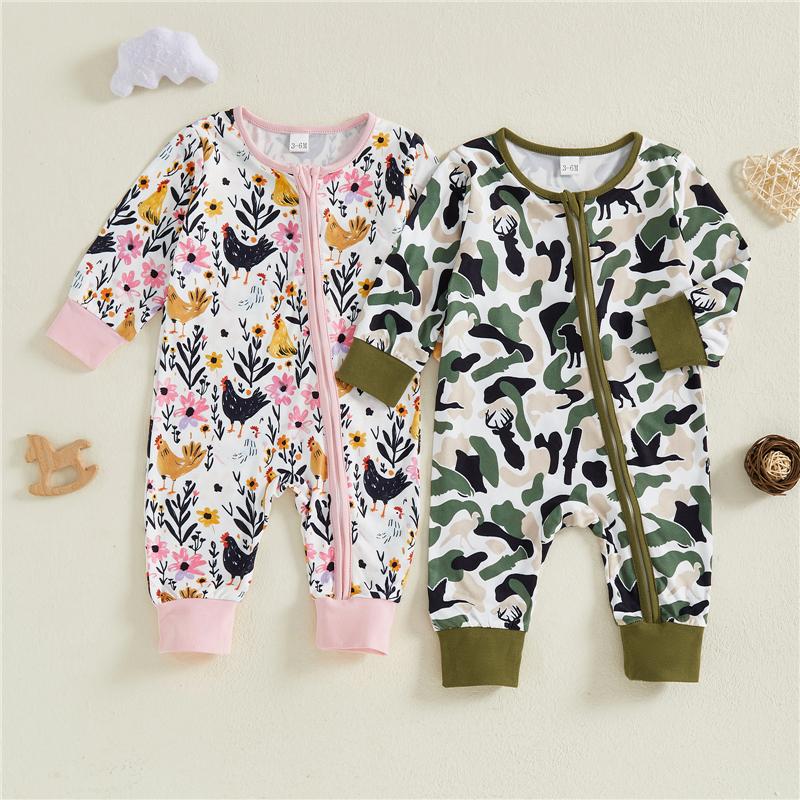 Autumn Baby Boy Girl Romper Camouflage Rooster Floral Print Long Sleeve Zip-up Jumpsuit Cute Infant Toddler Fall Clothes