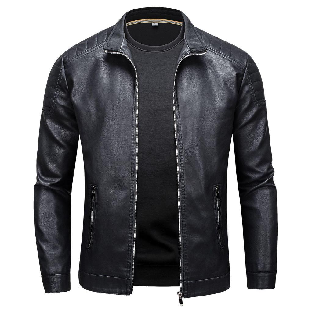 Men's Slim Fit Trendy Leather Motorcycle Jacket with Stand Collar and Plus Size Options