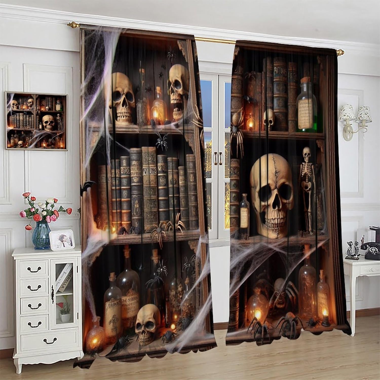 Tonnika Chen Gothic Bookshelf Curtain Antique Bookcase Spooky Skull Magic Book Halloween Themed Decor Window Kids Teens Adults Curtains Made Of Polyester