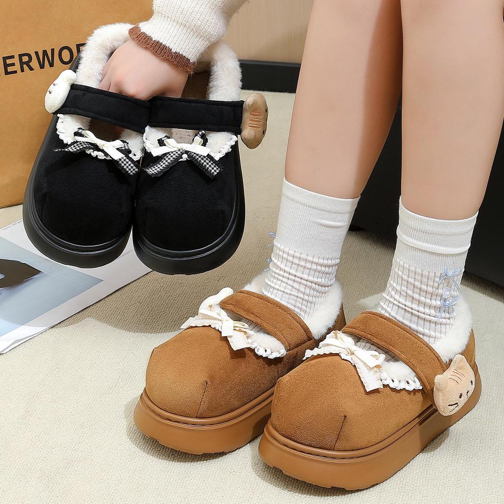 Women's Furry Non-Slip Cotton Slippers - Thick-Soled, Closed-Heel for Autumn & Winter