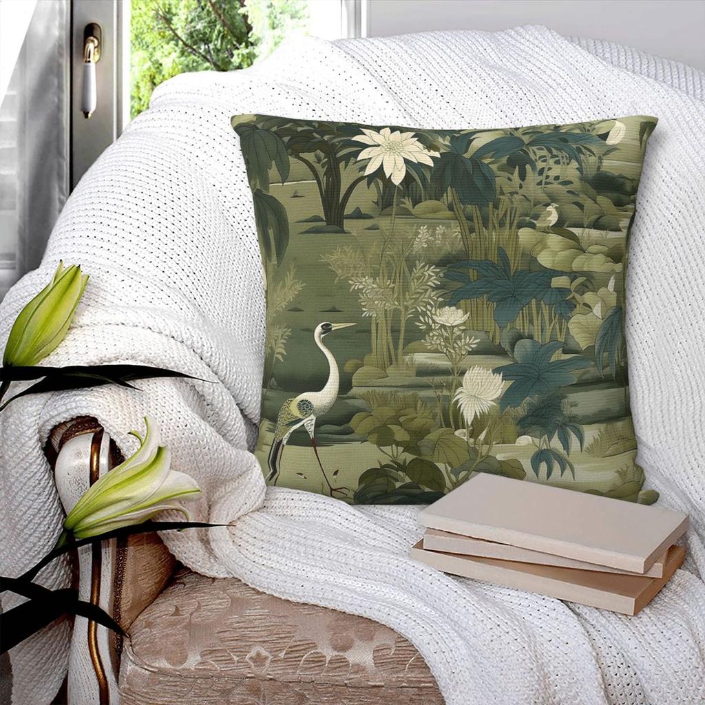 Sage Jungle Crane Chinoiserie Square Pillowcase Polyester Linen Velvet Pattern Zip Decorative Pillow Case Bed Cushion Cover