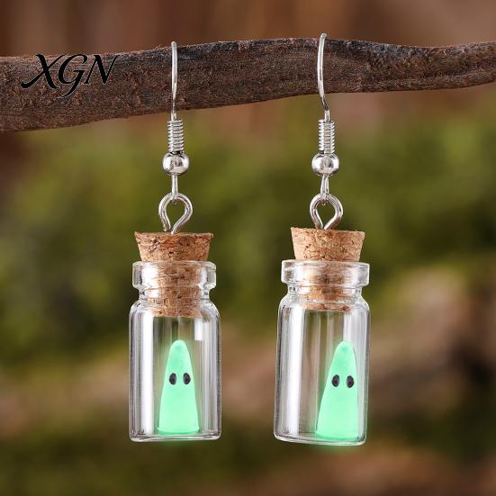 Unique Handmade Fantasy Gift Glow Ghost Necklace, Glow-in-the-dark in Bottle Pendant, Cute Halloween Party Favors Necklace Earrings, Gothic