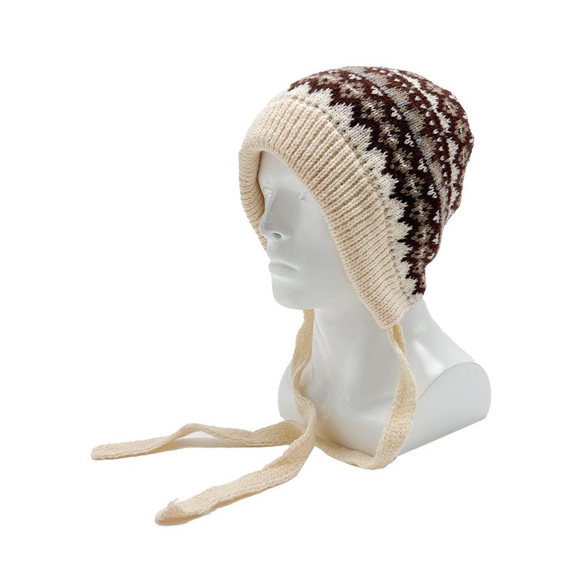 

Fair Island style knitted hat women s winter retro dual-purpose bag hat thermal wool hat ear hat snow hat M（56-58cm）