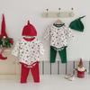 "Korean Baby Christmas Print Outfit: 3-Piece Set with Hat for Boys & Girls"