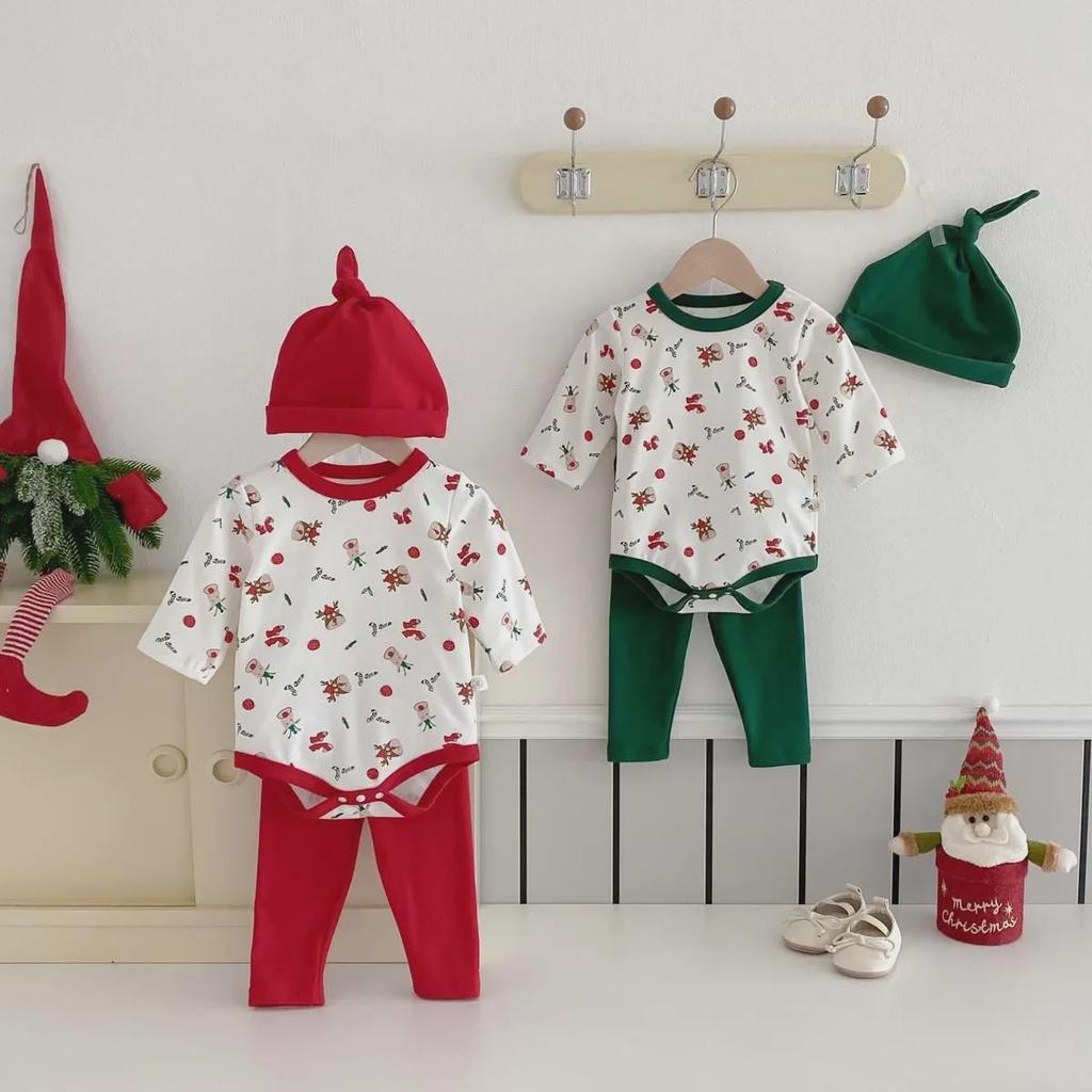 "Korean Baby Christmas Print Outfit: 3-Piece Set with Hat for Boys & Girls"