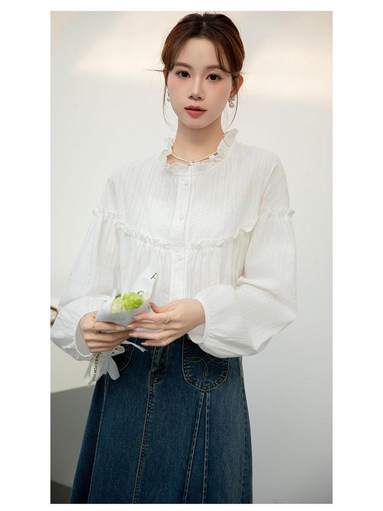 Women's White Long Sleeve French Sweet Ruffled Collar Shirt - 2026 Spring/Autumn Solid Color Fashion