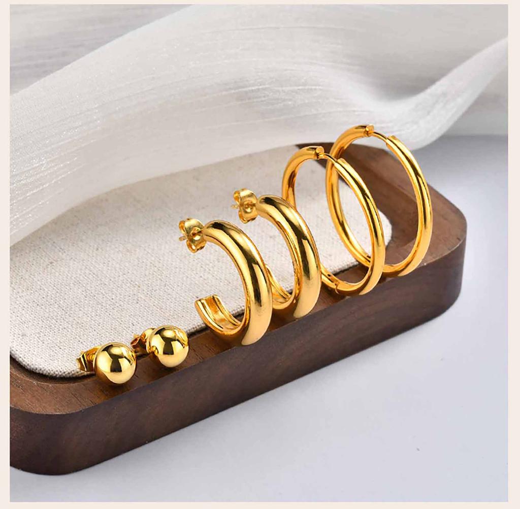 18K Gold Plated Stainless Steel Hoop Earrings, Hypoallergenic Ball Studs For Multiple Piercing Stack Women 3pcs in One Set