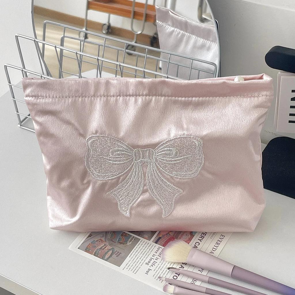 Pink Pearlescent Bow Women's Cosmetic Bags Embroidery Satin Girls Storage Bag Zipper Makeup Bag Toiletry Storage Pouch Handbags