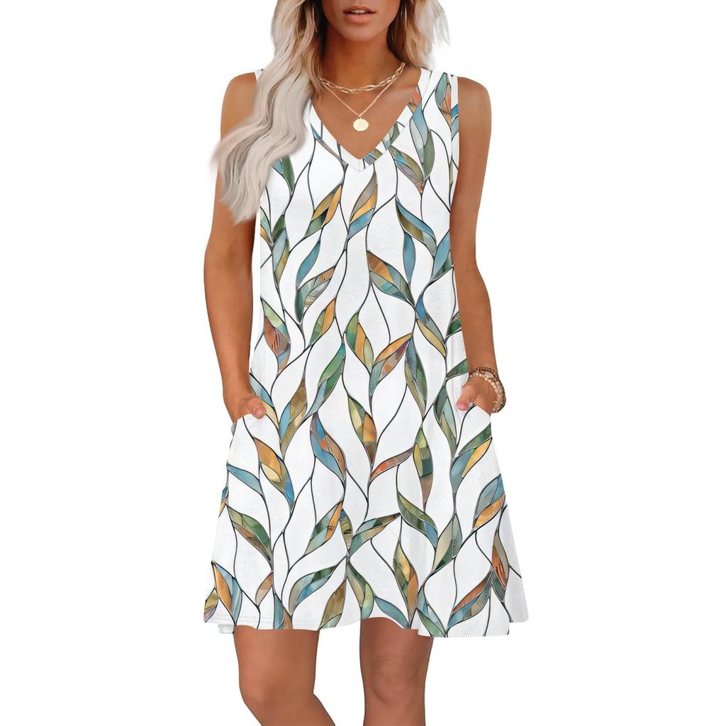 Women's Summer Dresses Loose Fit Printed V Neck Sleeveless Sundresses Beach Hawaiian Dress With Pockets