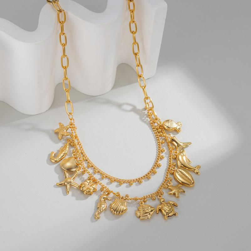 Ocean Series Geometric Double-Layer Tassel Necklace Stainless Steel Link 18K Gold Luxury High-End Niche Women Trendy