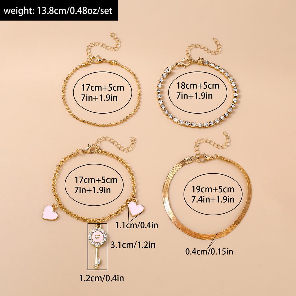 4pcs/set Romantic Crystal Key Love Heart Charm Bracelets for Women Girls Gold Color Chain Bracelet Bangle Jewelry Gifts
