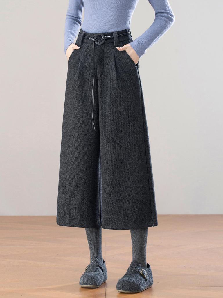2025 Winter Grau Hochtaillierte Woll-Weitbeinige Cropped-Hose - Damen Petite Schmal Geschnitten Lässig