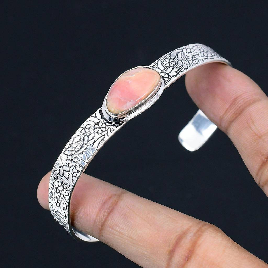 Oval Pink Opal Stone Sterling Silver Artisan Engagement Anniversary Wife Bangle