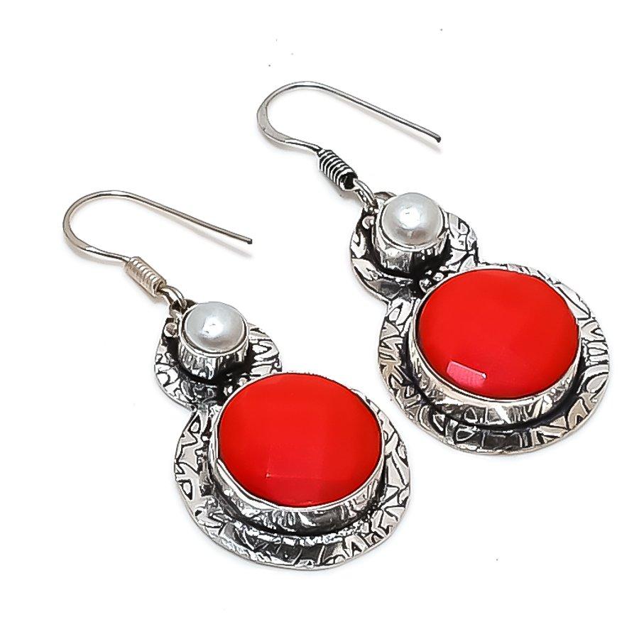 Natural Italian Red Coral, Pearl 925 Sterling Silver Jewelry Earring 1.97" A5r28