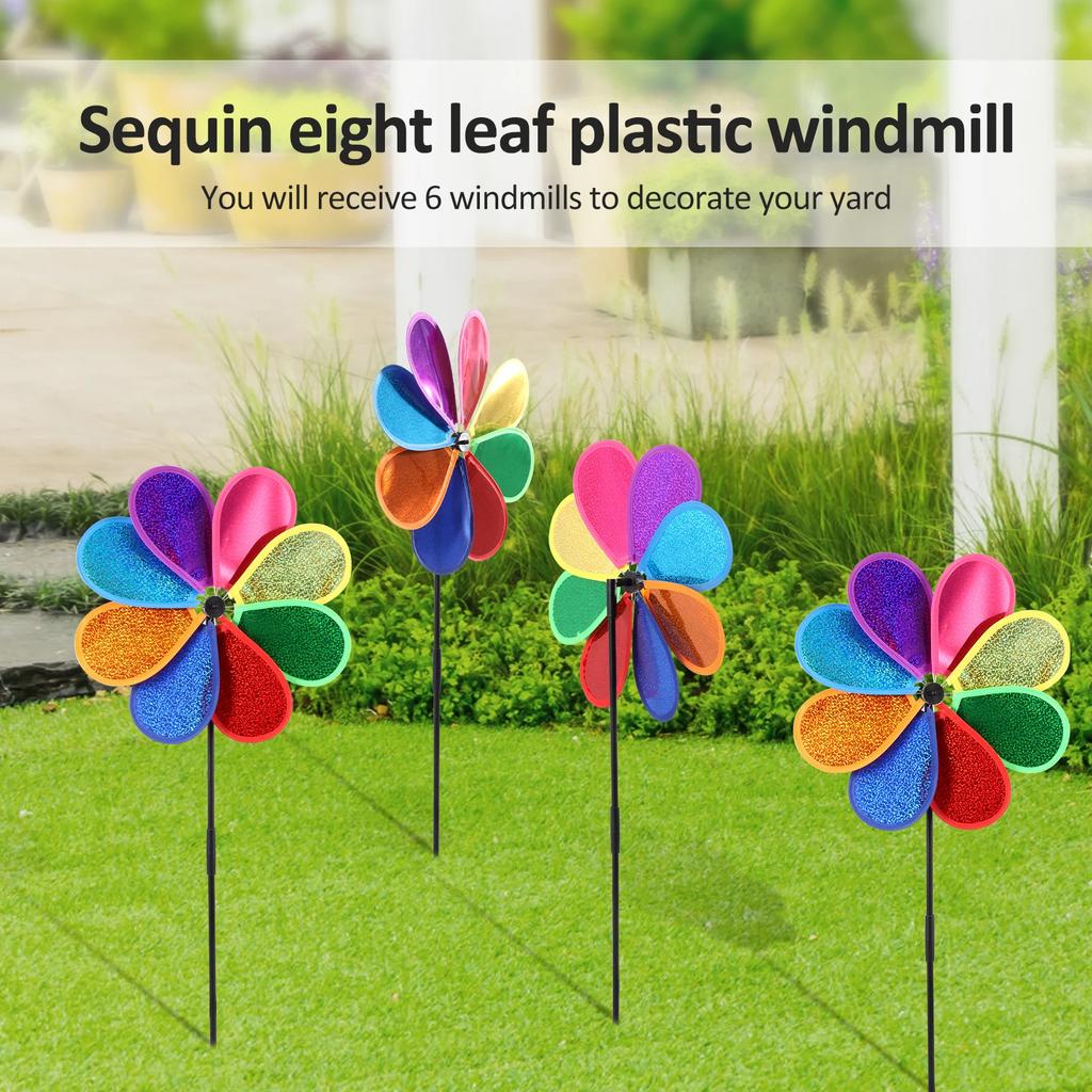 6Pcs Plastic Flower Wind Spinner Eight Leaf Bird Repellent Pinwheel Fade Resistant Sparkly Pinwheel Eye Catching for Yard Garden
