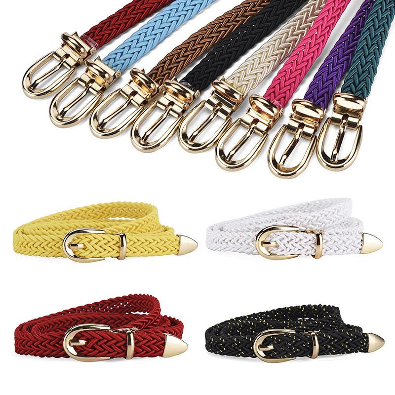 Womens Elegant Slim Woven Belt With Decorative Gold Buckle For Stylish Dress And Shirt Outfit