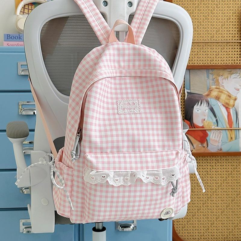 Schoolbag Korean fresh plaid corrugated backpack girl heart lace small schoolbag girls junior high school students female commuter bag