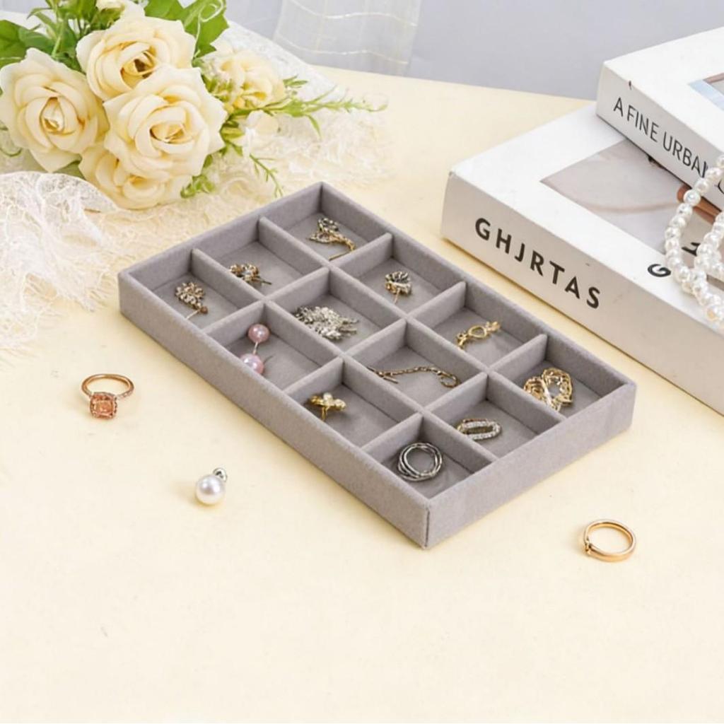 Velvet Jewelry Box with Drawer: Grey Multifunctional Tray for Necklaces & Rings