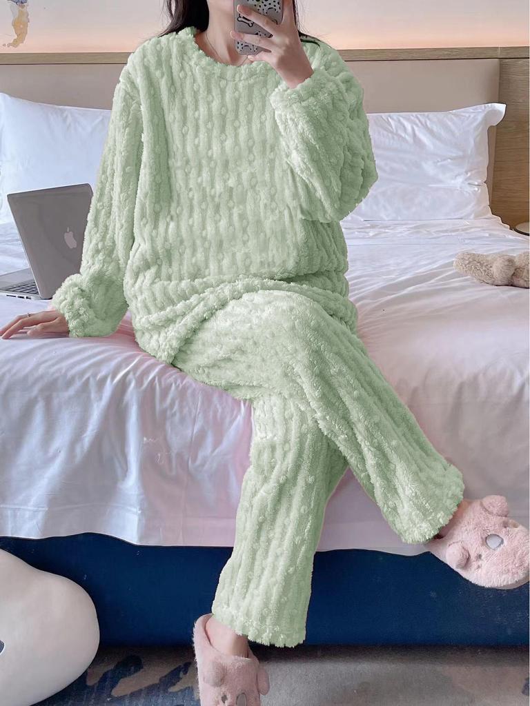 Women's Cute Cartoon Round Neck Flannel Pajamas - Warm Striped Coral Fleece Homewear Set for Autumn and Winter