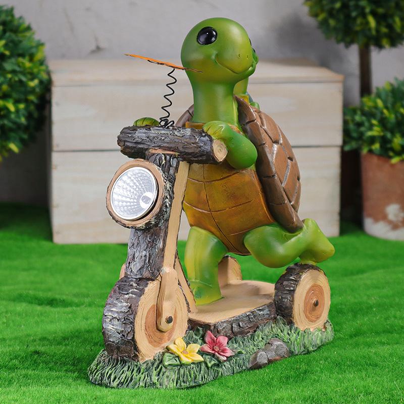 Solar Powered Resin Turtle Riding Bicycle Courtyard Night Light Ornament, Cute Turtle with Butterfly Garden Courtyard Decoration