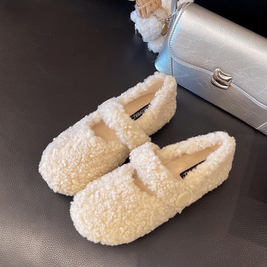 Gentle Fairy Wind Round Head Word with Lamb Wool Shoes Female Autumn and Winter Wear Flat-bottomed Pregnant Women Warm Bean Cotton Shoes