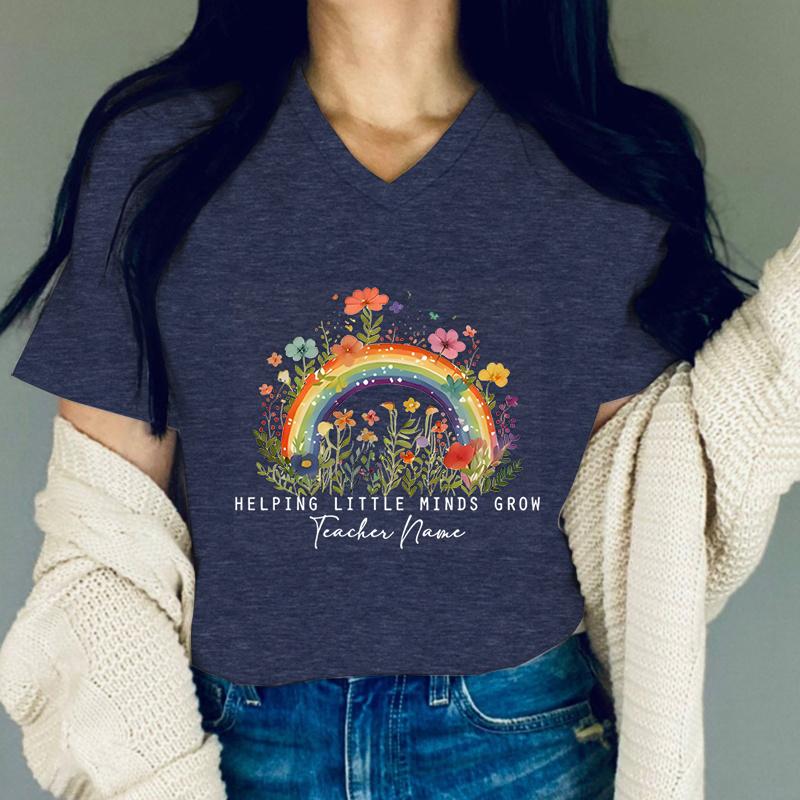 Women Tshirts Flower Helping Little Minds Grow Teacher Shirt Flowers Rainbow Tshirt Women Gift for Teacher Flower Lover Tshirt