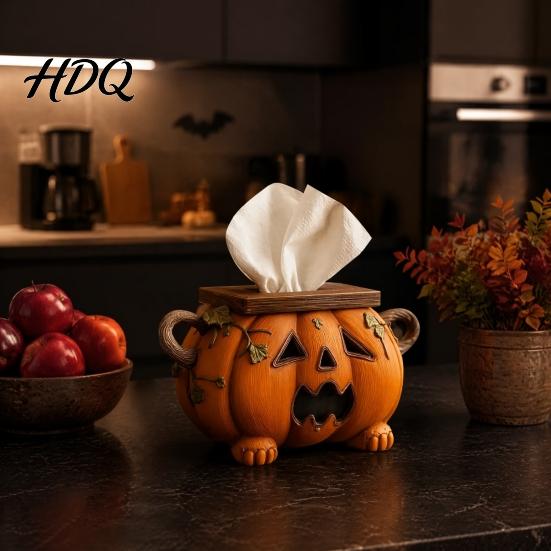 Office Desk Organizer Halloween Pumpkin Tissue Box, Resin Decorative Facial Dispenser, Stylish Box Case Creative Paper Towel Holder for Kitchen