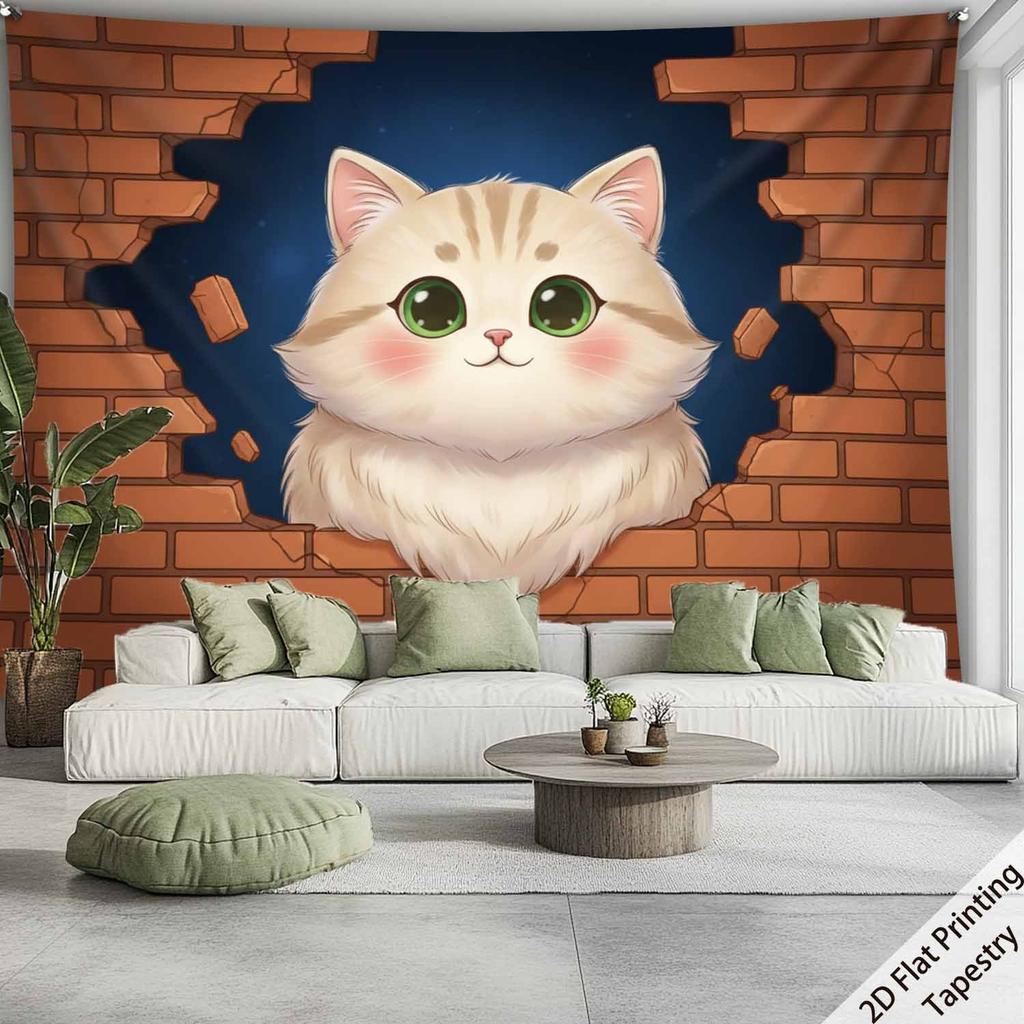 Cute Little Cat On the Wall Digital Printing Polyester Wall Tapestry Suitable for Use In Living Rooms Bedrooms Bars and Party