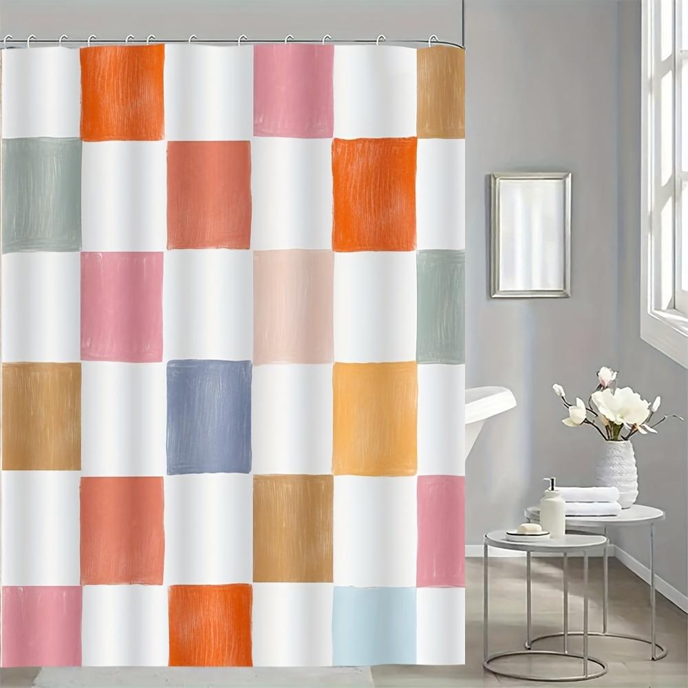 Colorful Checkered Shower Curtain – Painted-Style Squares on White, Polyester, 12 Hooks, Machine Washable, 180x180cm71x71in