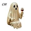 Halloween Bar Decor Piece Ghost Skeleton Figurine, Spooky Drunk Holding Wine Glass Resin Sculpture, Gothic Desk Unique Party for Bookshelf,