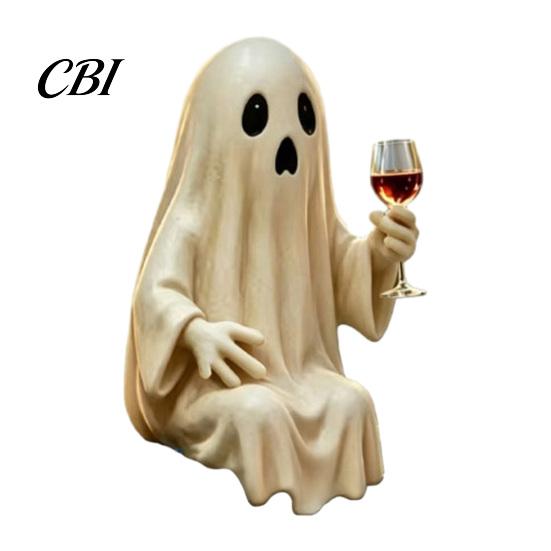 Halloween Bar Decor Piece Ghost Skeleton Figurine, Spooky Drunk Holding Wine Glass Resin Sculpture, Gothic Desk Unique Party for Bookshelf,