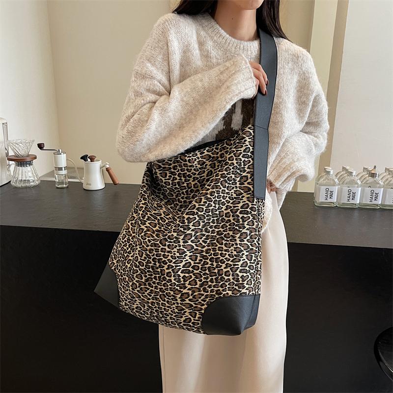 Leopard Print Large Capacity Tote Bag Women's Vintage Canvas Shoulder Crossbody Bag