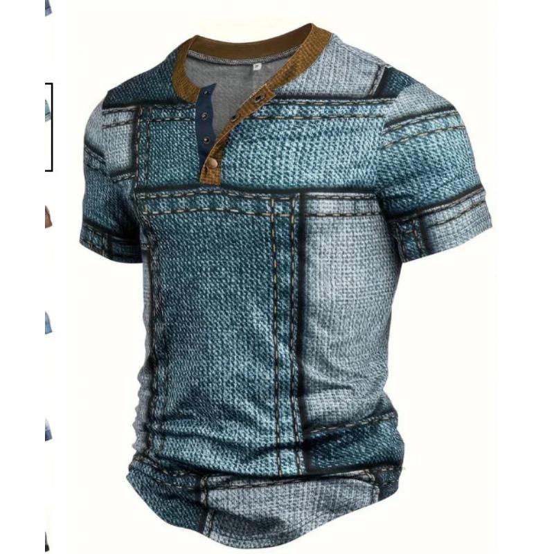 European and American semi-cardigan, casual short-sleeved digital printing slim-fit pullover Henry T-shirt top men's clothing